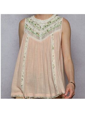 POL Blush & Lace Embroidery Trim Yoke Soft Gauzy Raw Hem Top